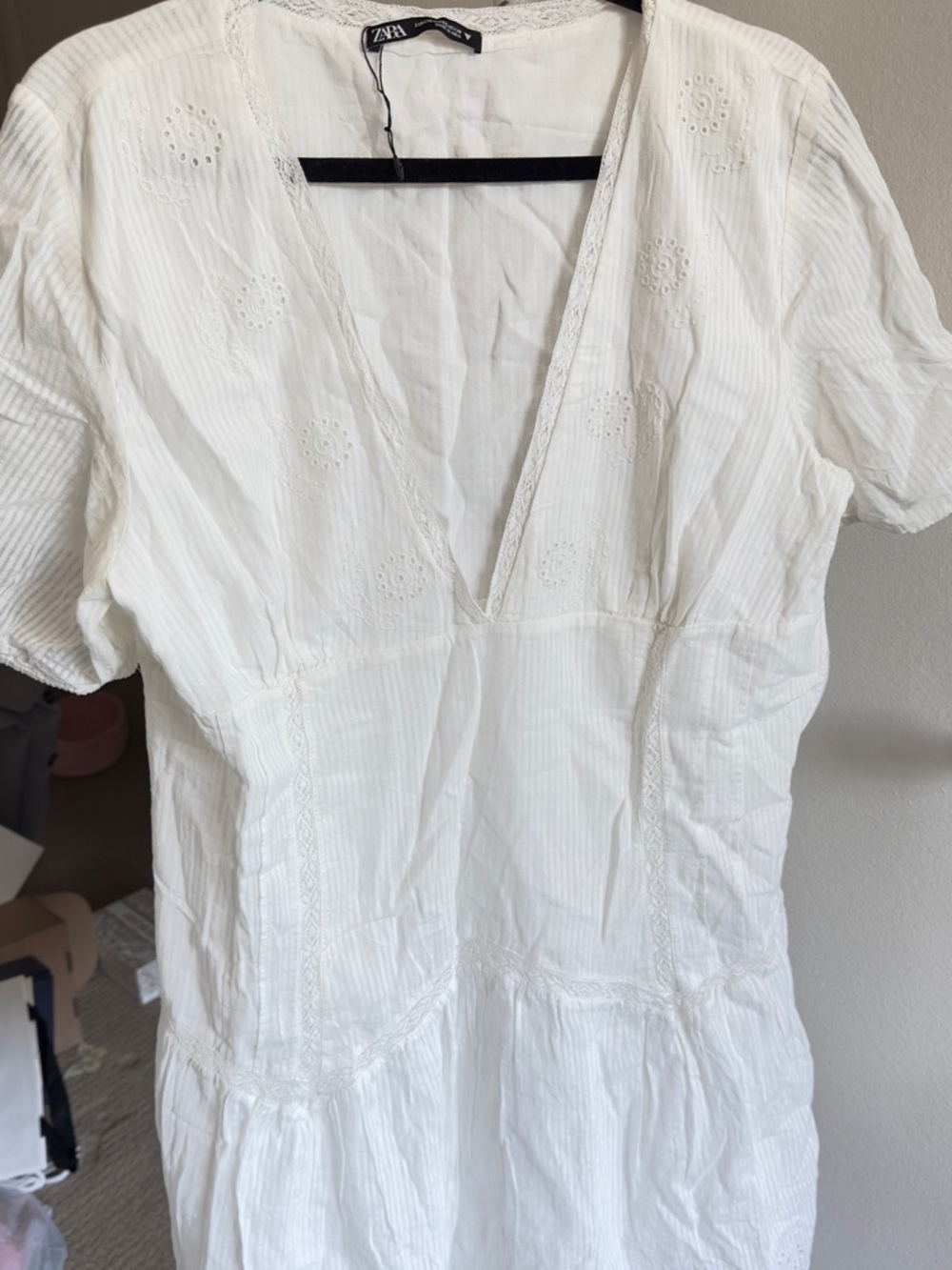 Zara White Eyelet V-Neck Mini Dress